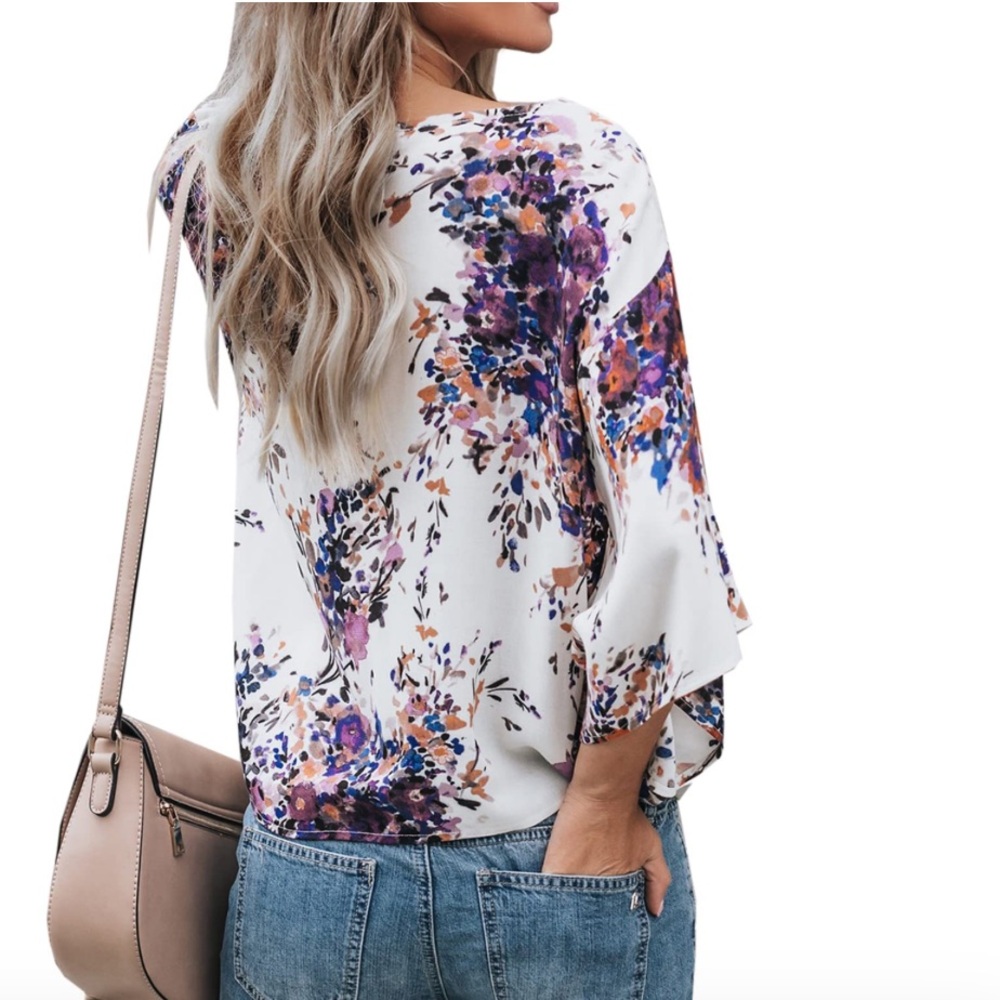 Lovestitch Kimono Style Floral Tie-Front 3/4 Sleeve Blouse - Size S - Picture 2 of 7